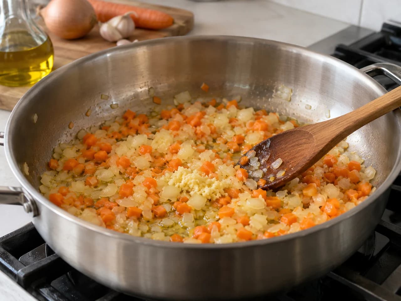 牛肉とベシャメルソースのラザニア: ラグーの野菜を炒める