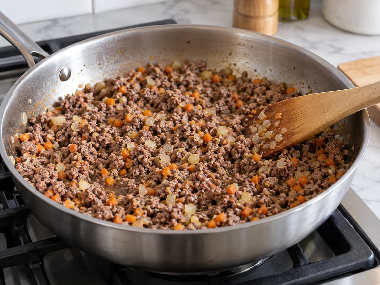 牛肉とベシャメルソースのラザニア: 牛肉を加熱し、脂と汁も残す