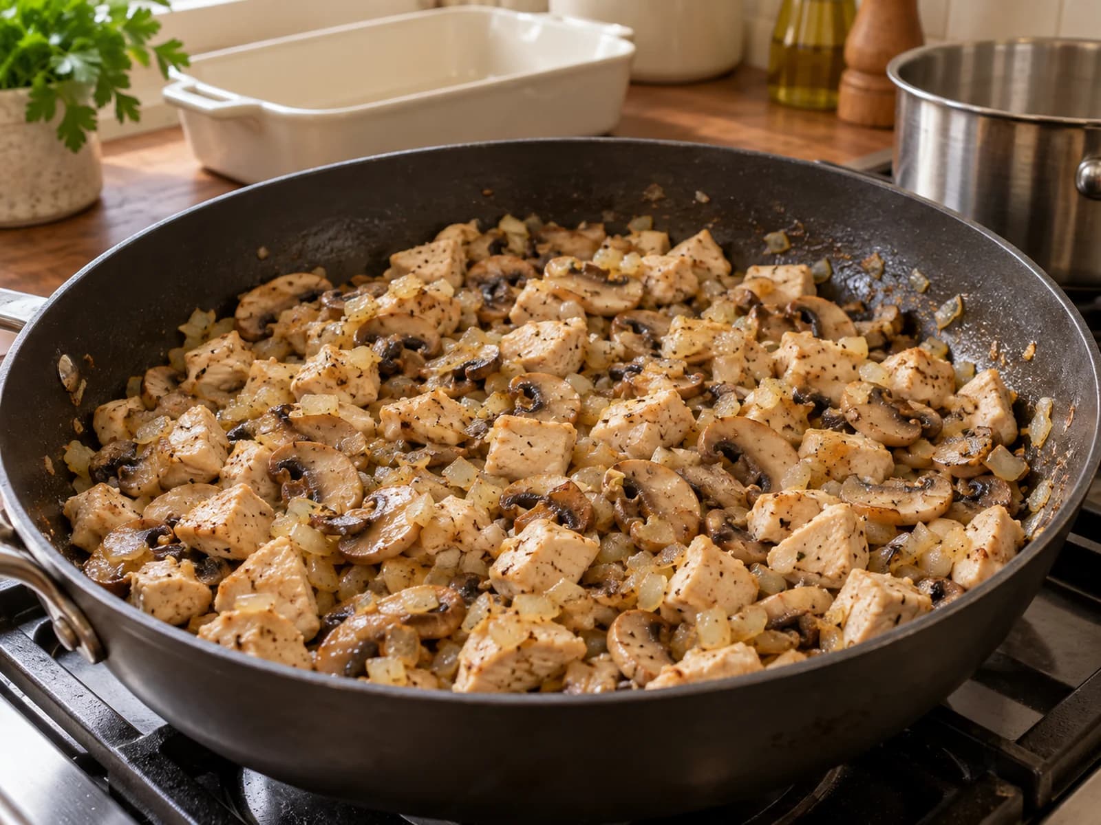 炒めたマッシュルームと玉ねぎに加熱済み鶏肉を混ぜる