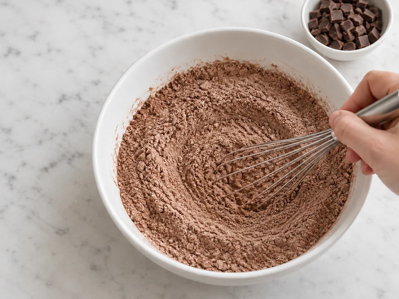 ココアとチョコチップのチョコレートマフィン: 粉類を混ぜる