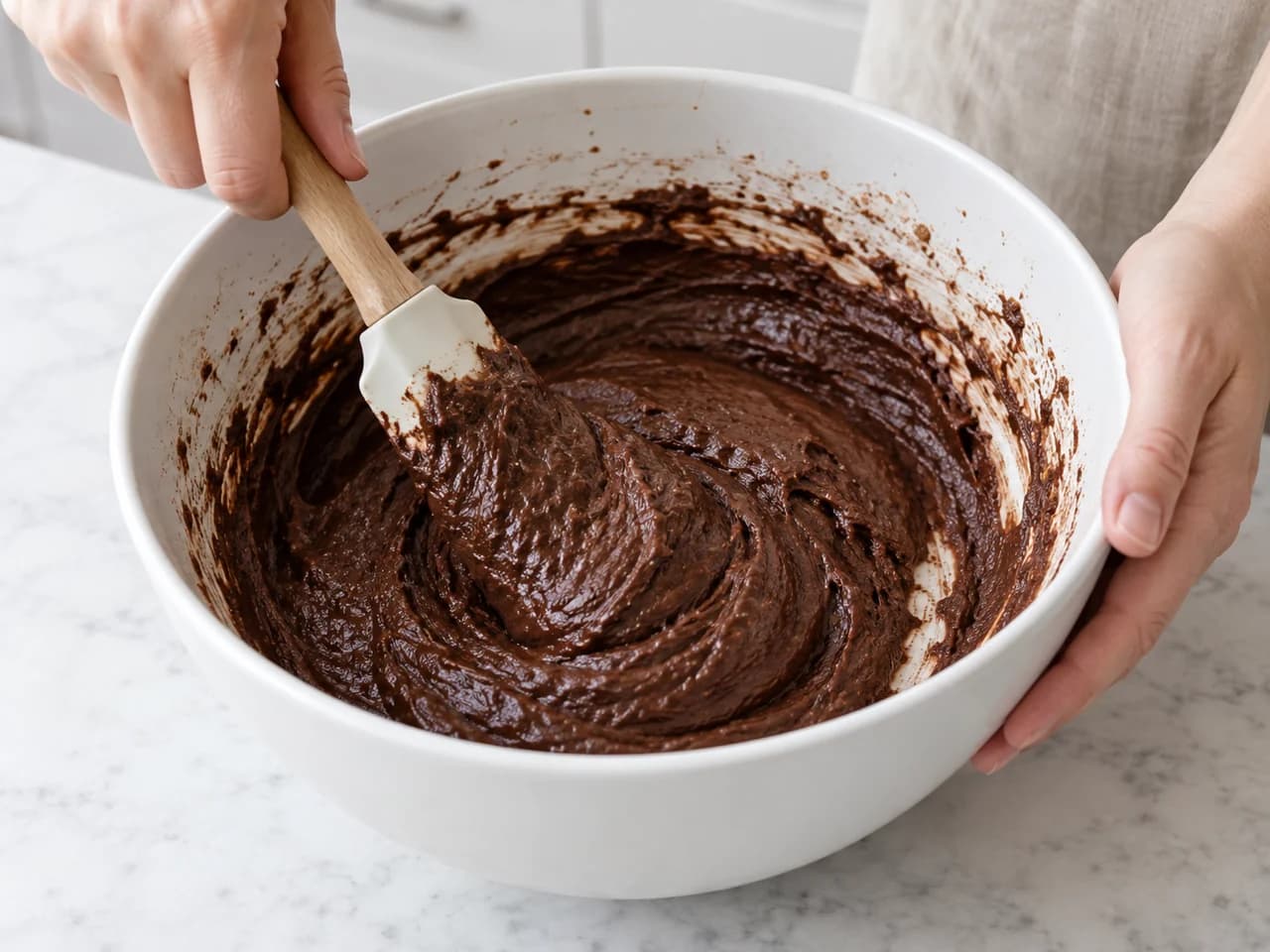 ココアとチョコチップのチョコレートマフィン: 混ぜすぎずに合わせる