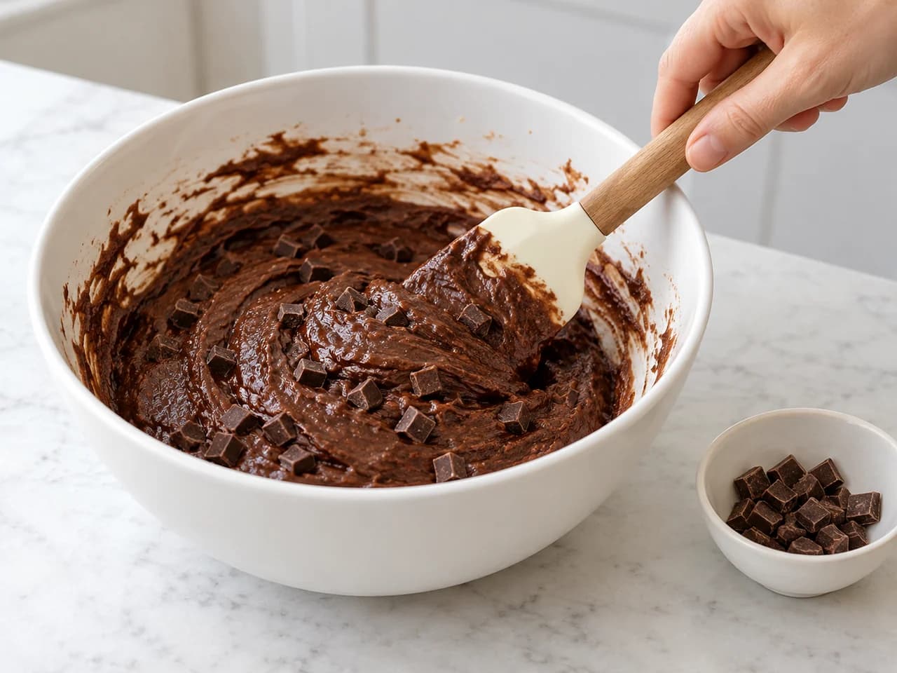 ココアとチョコチップのチョコレートマフィン: 生地用のチョコレートを加える