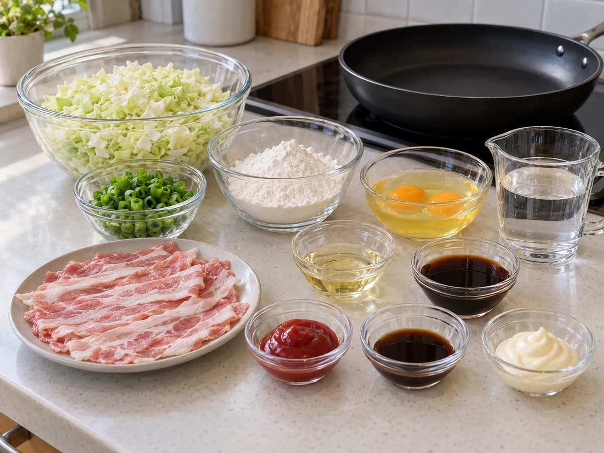 Ingrédients de la pâte, bacon cru et sauces séparés
