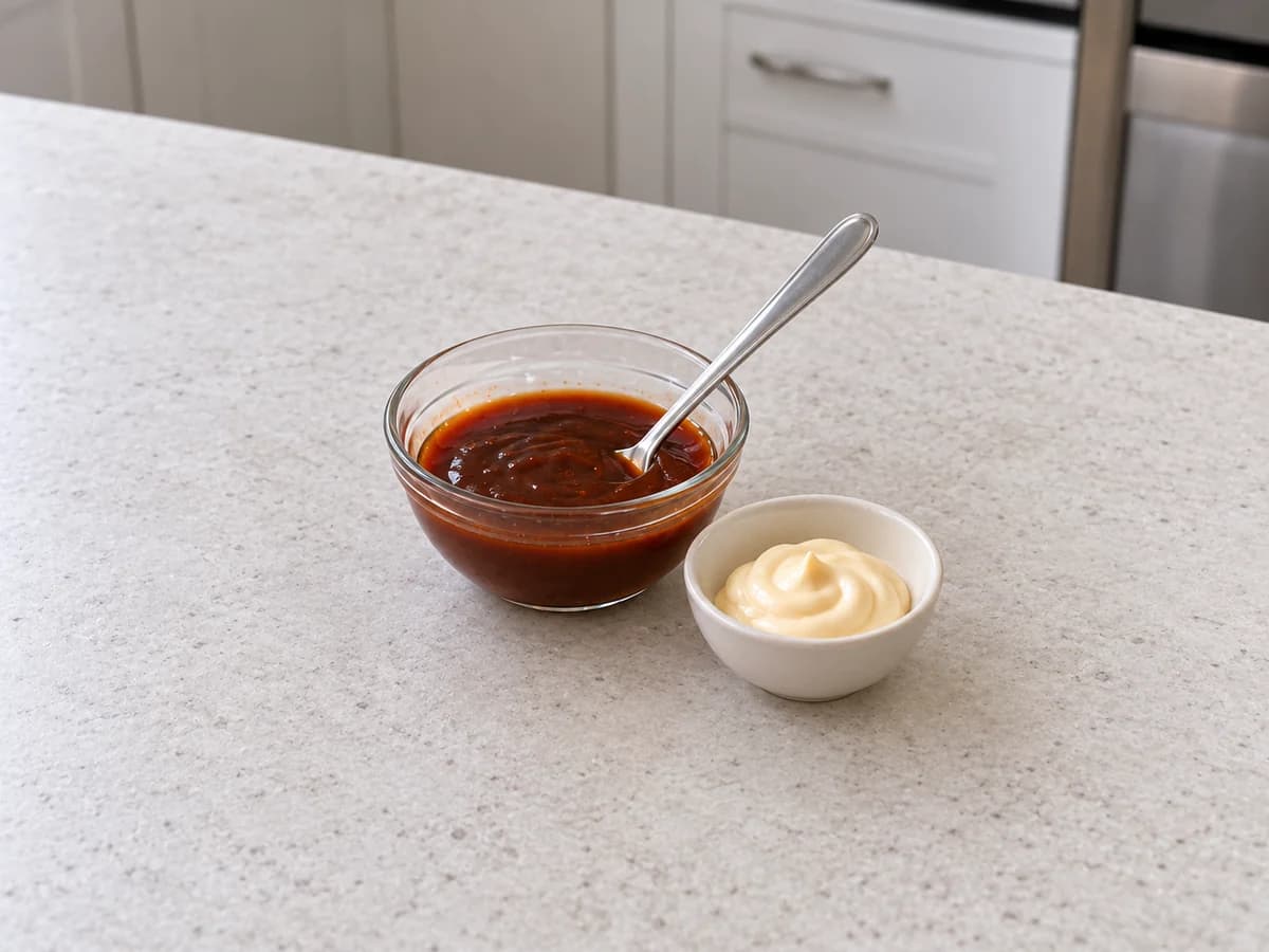 Sauce ketchup-Worcestershire foncée et mayonnaise séparée