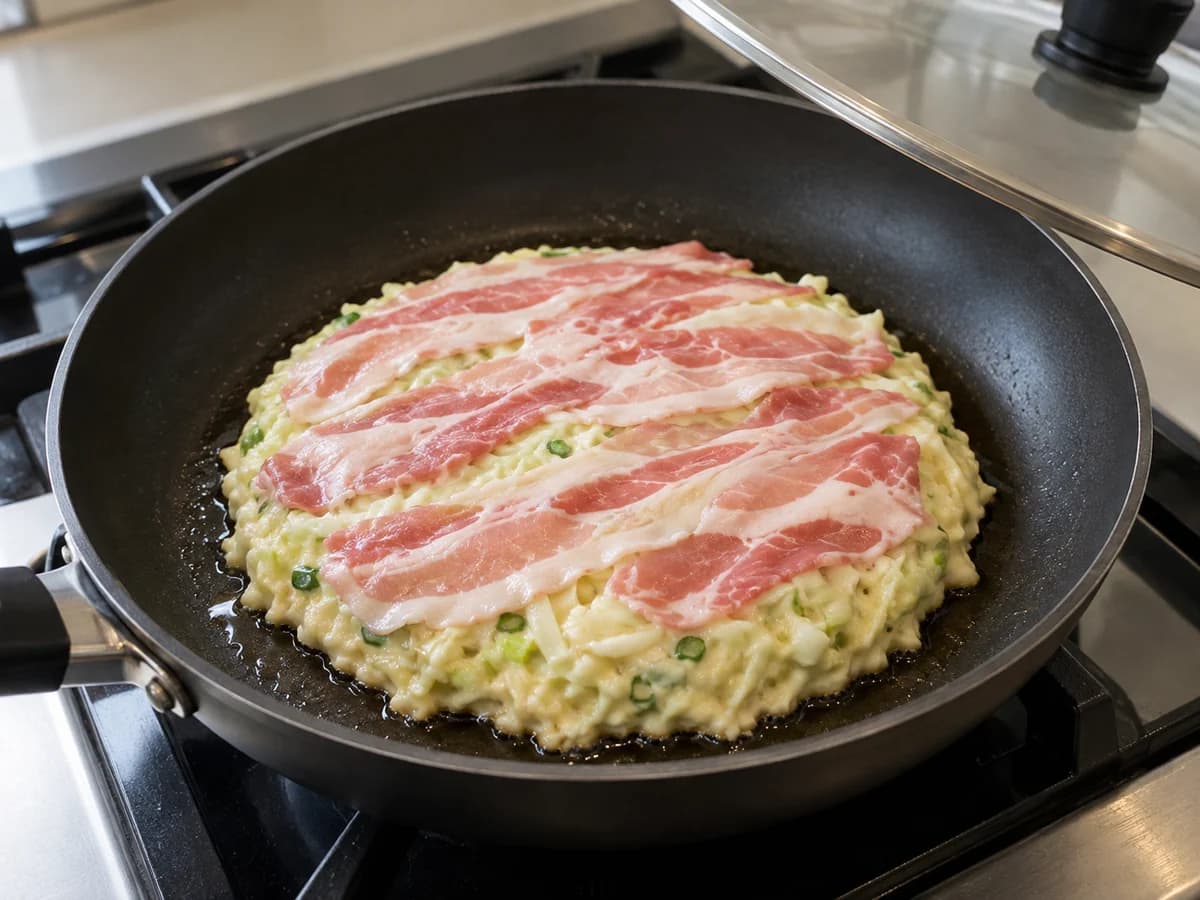 Première galette crue avec fines tranches de bacon dans la poêle