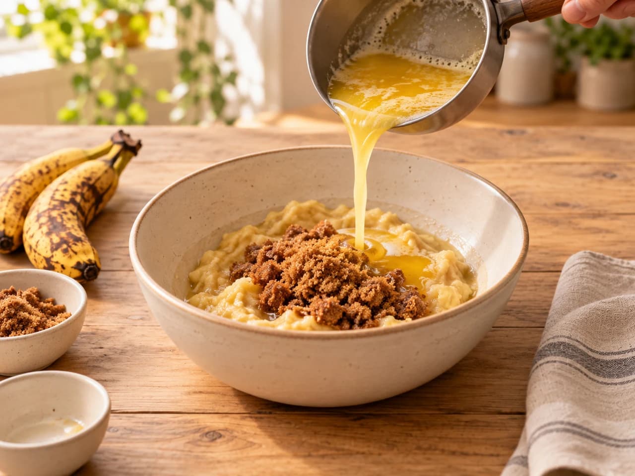Beurre fondu versé d'une petite casserole sur de la banane écrasée et du sucre roux dans un saladier.