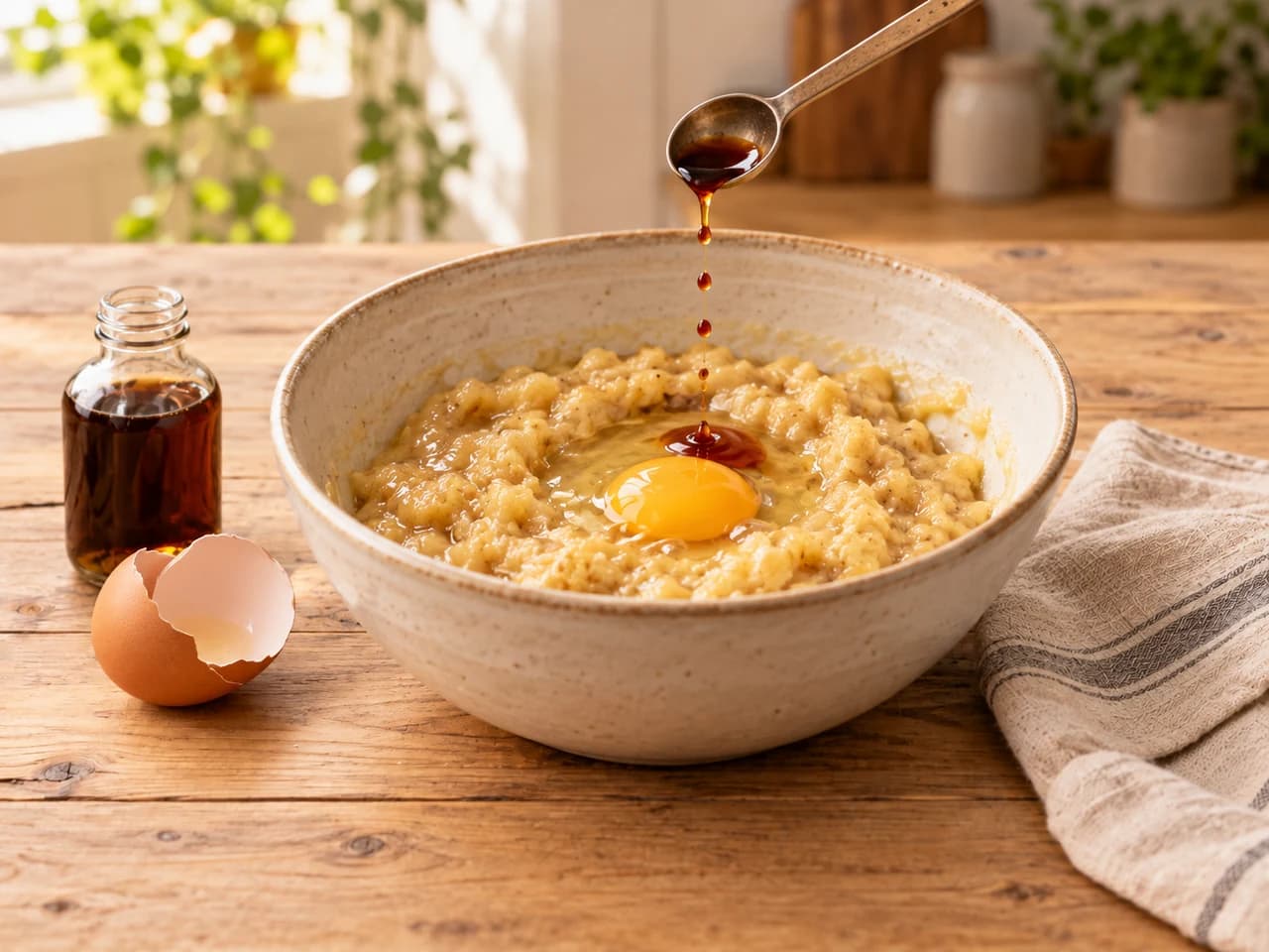 Saladier de pâte à la banane avec un œuf entier et de la vanille qui coule d'une cuillère, une coquille d'œuf à côté.