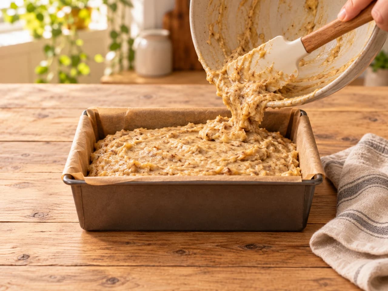 Pâte à banana bread versée d'un saladier dans un moule à cake chemisé de papier cuisson.