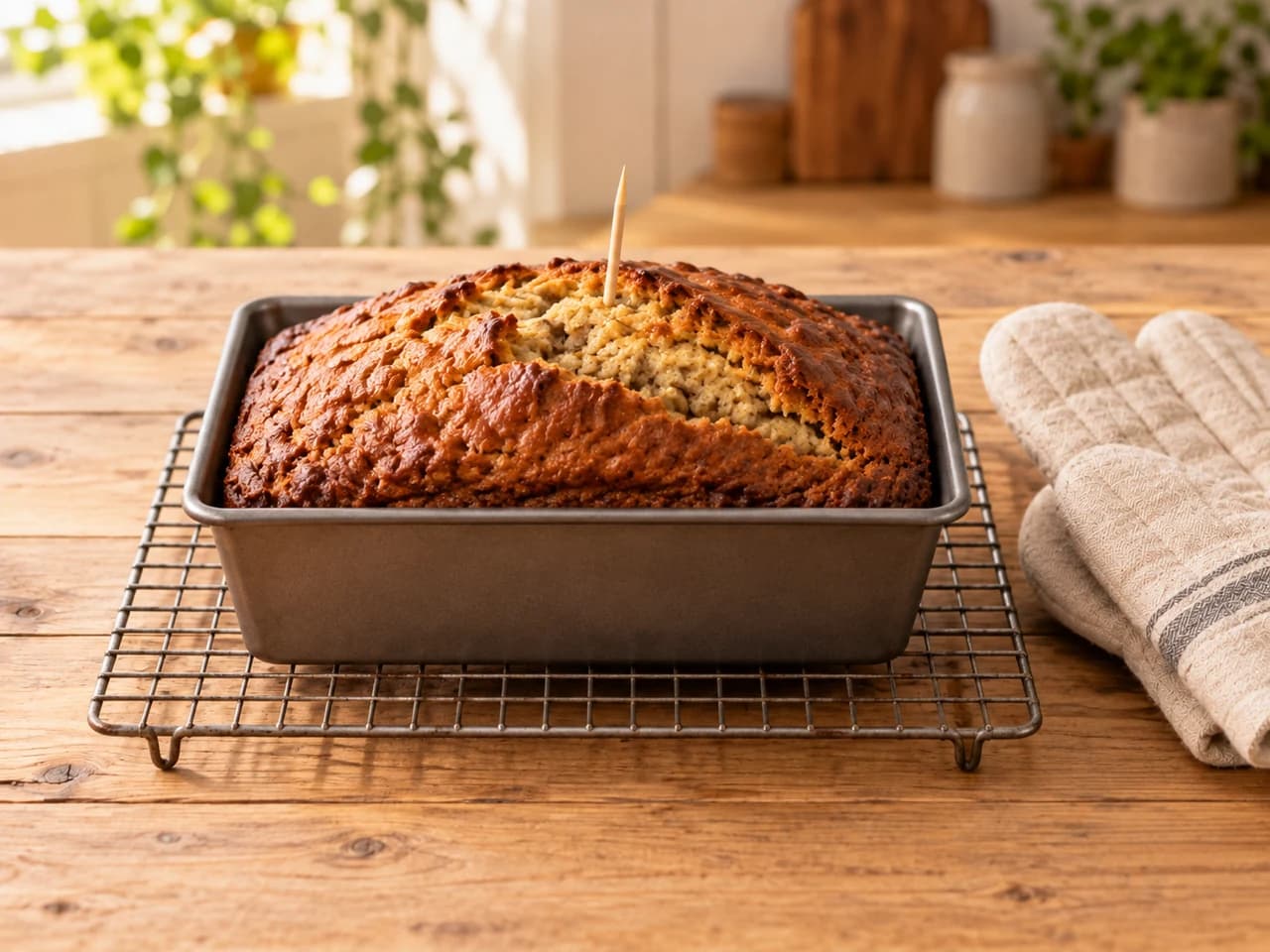 Banana bread doré et fendu dans son moule sur une grille, un cure-dent planté au centre.