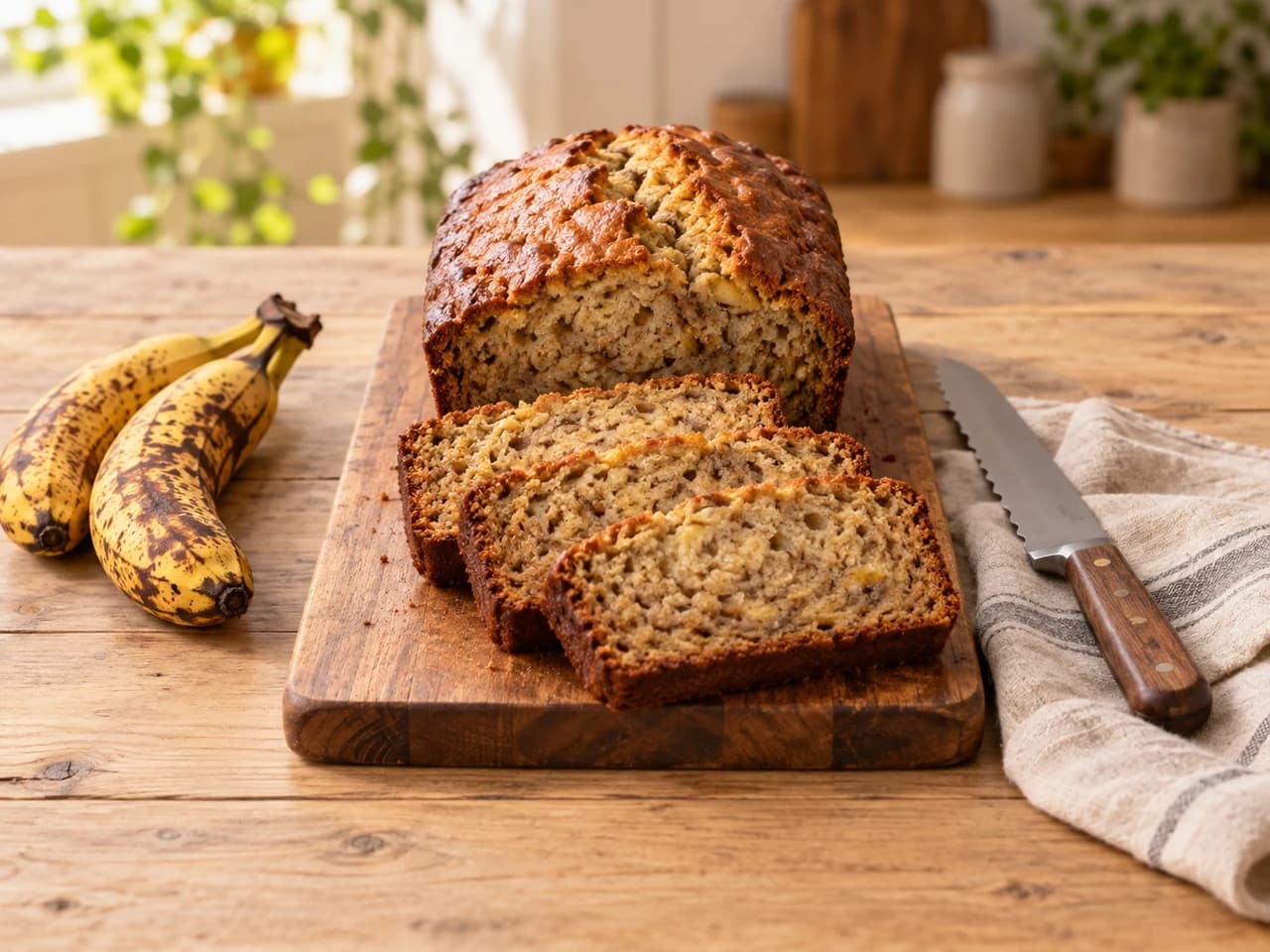 Banana bread tranché sur une planche en bois, avec des bananes mûres et un couteau à côté.