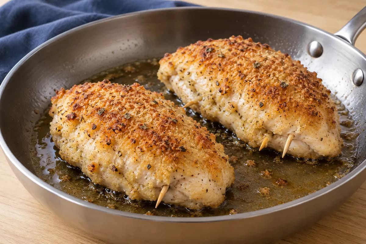 Blanc de poulet farci au jambon et fromage: Dorer à la poêle