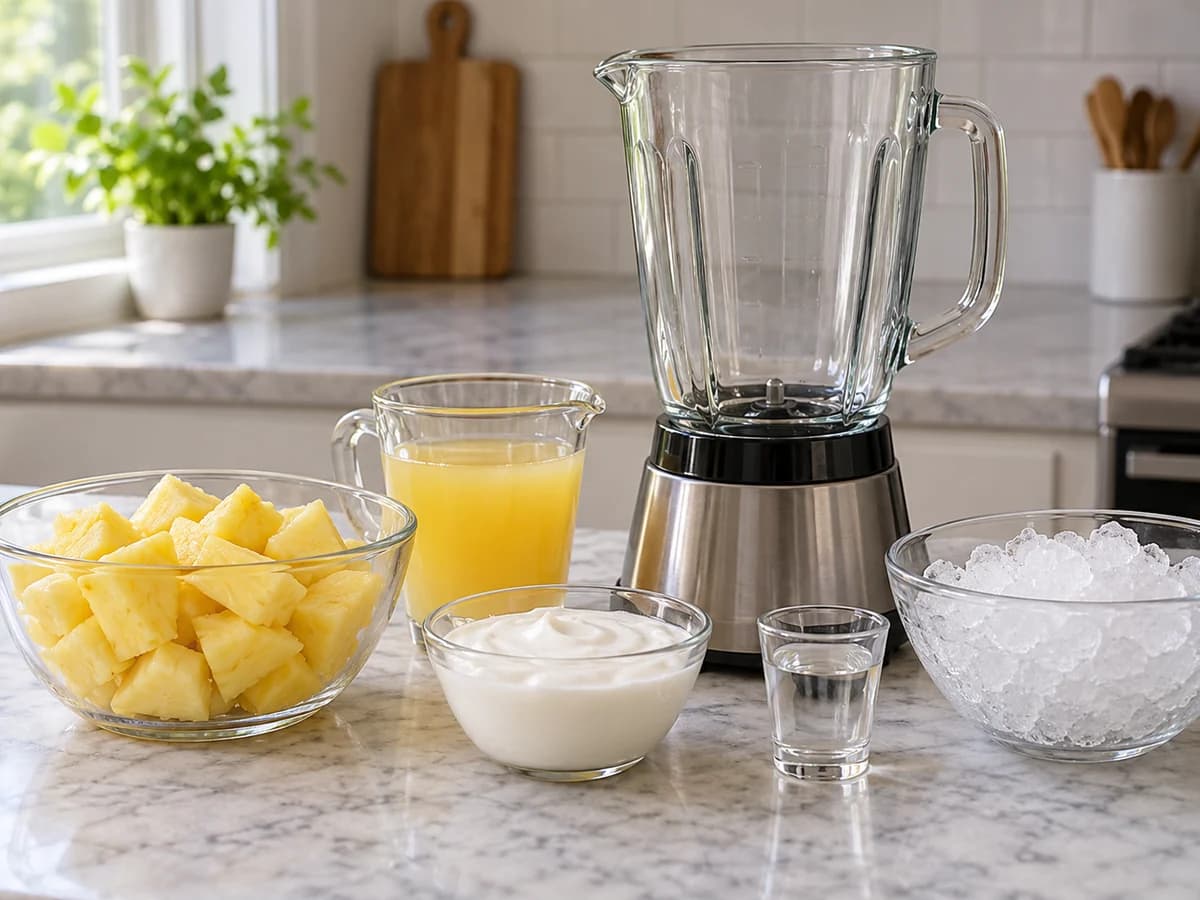 Abacaxi, suco, creme de coco adoçado, rum e gelo triturado junto ao liquidificador vazio