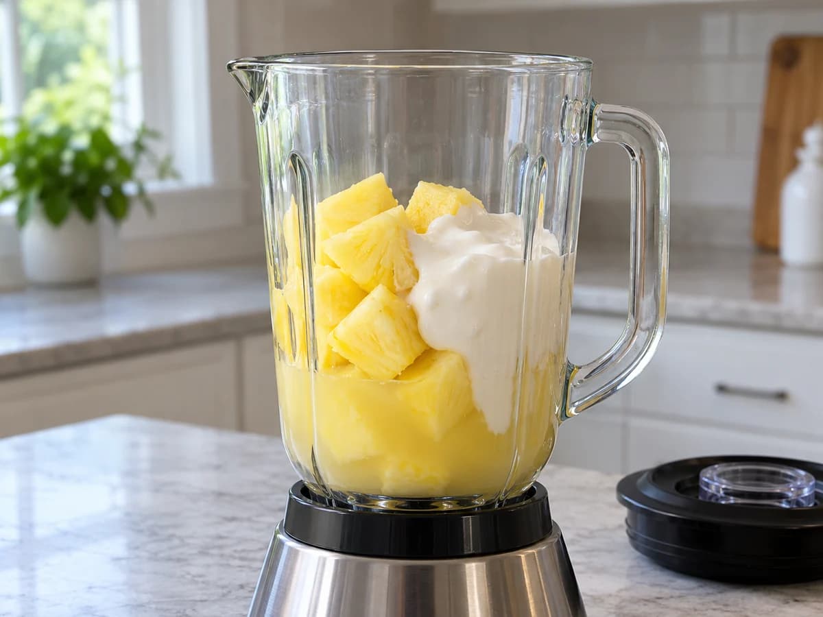 Fruta, suco e creme no liquidificador parado antes de rum e gelo