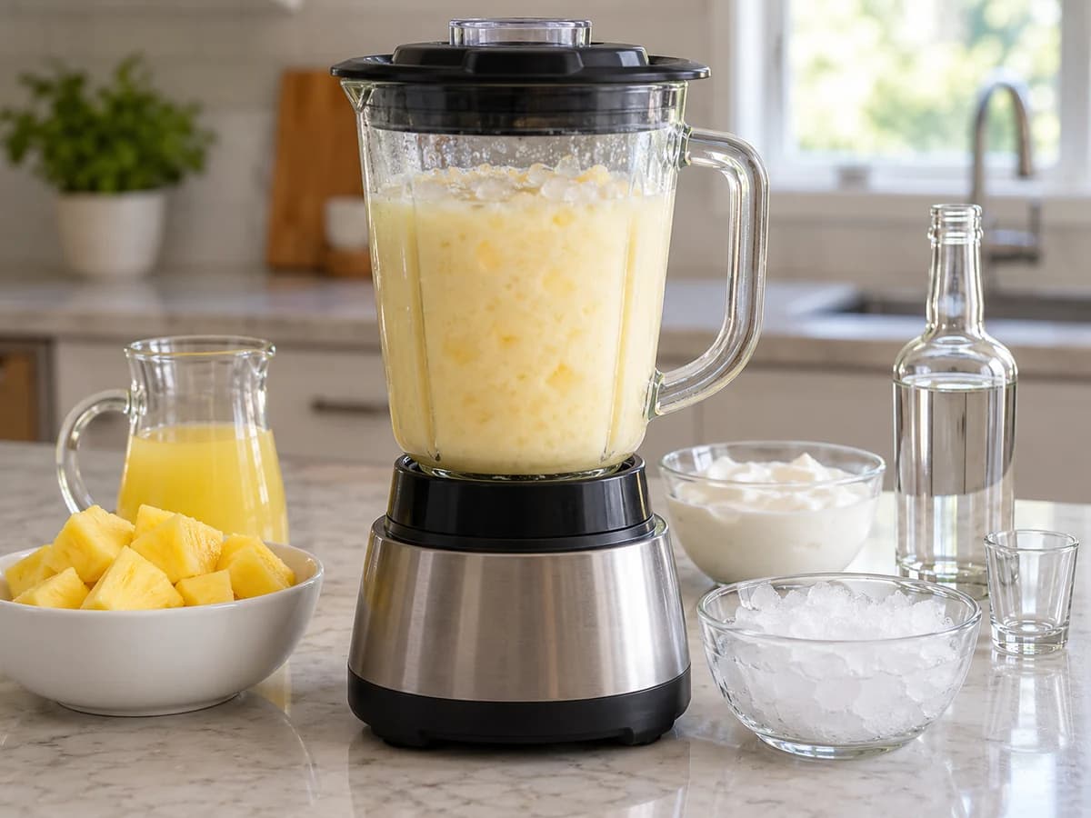 Liquidificador tampado com mistura de fruta e coco e gelo triturado