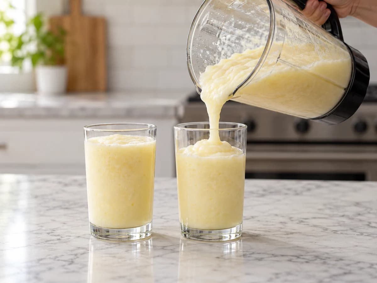 Copo destacado do liquidificador parado vertendo em um dos dois copos