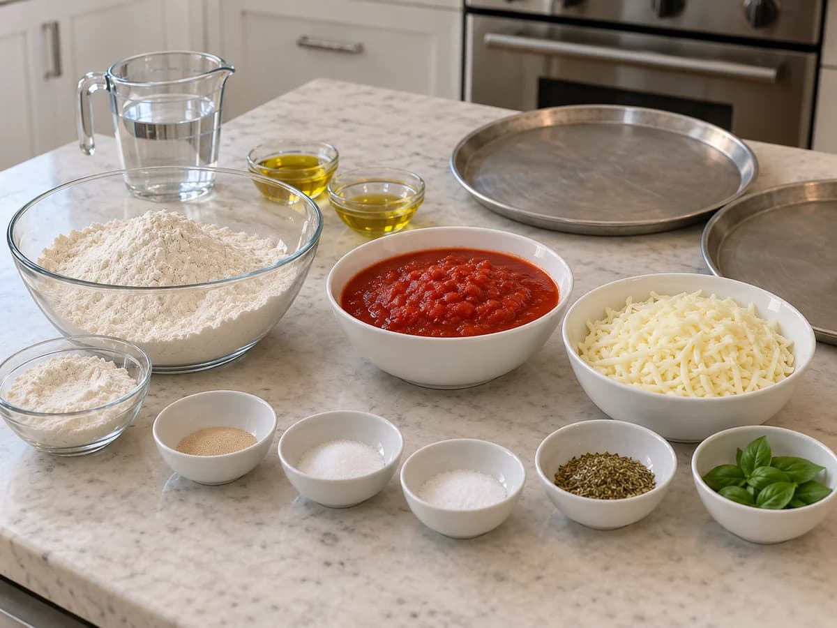Ingredientes separados para pizza com farinha, fermento, água, azeite, tomate, queijo e ervas