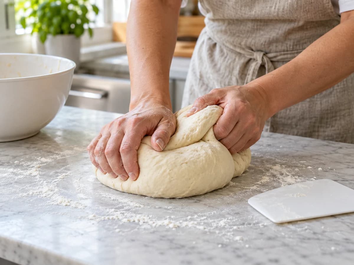 Mãos sovando uma massa de pizza clara e uniforme