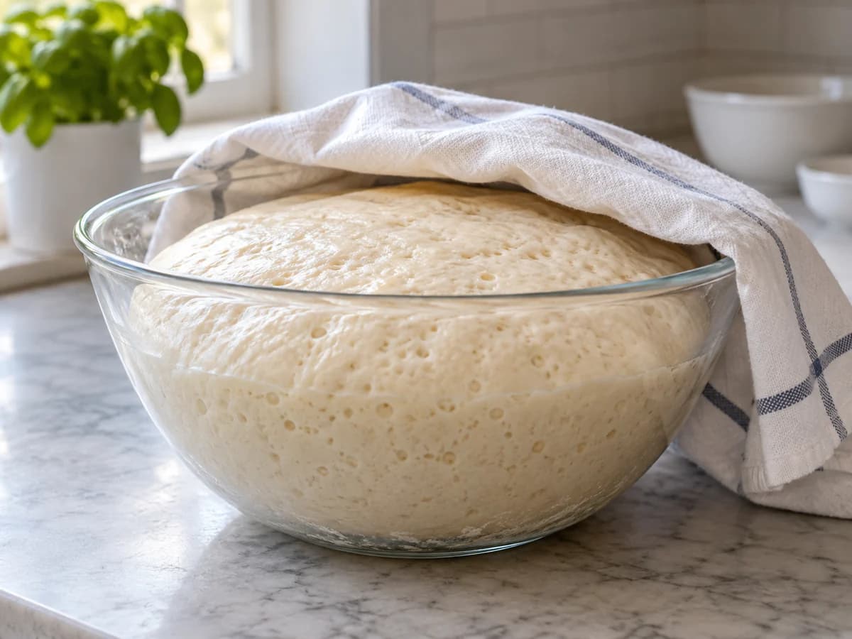 Massa de pizza fermentada e aerada em tigela coberta