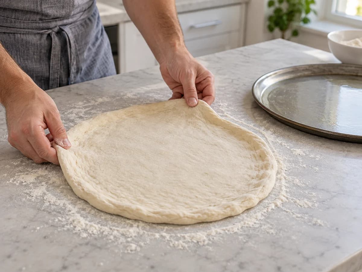 Mãos abrindo uma base de pizza redonda e íntegra