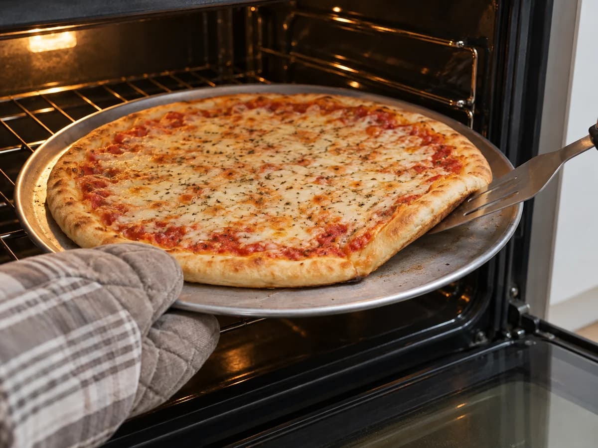 Pizza assada apoiada com luva enquanto uma espátula confere o fundo
