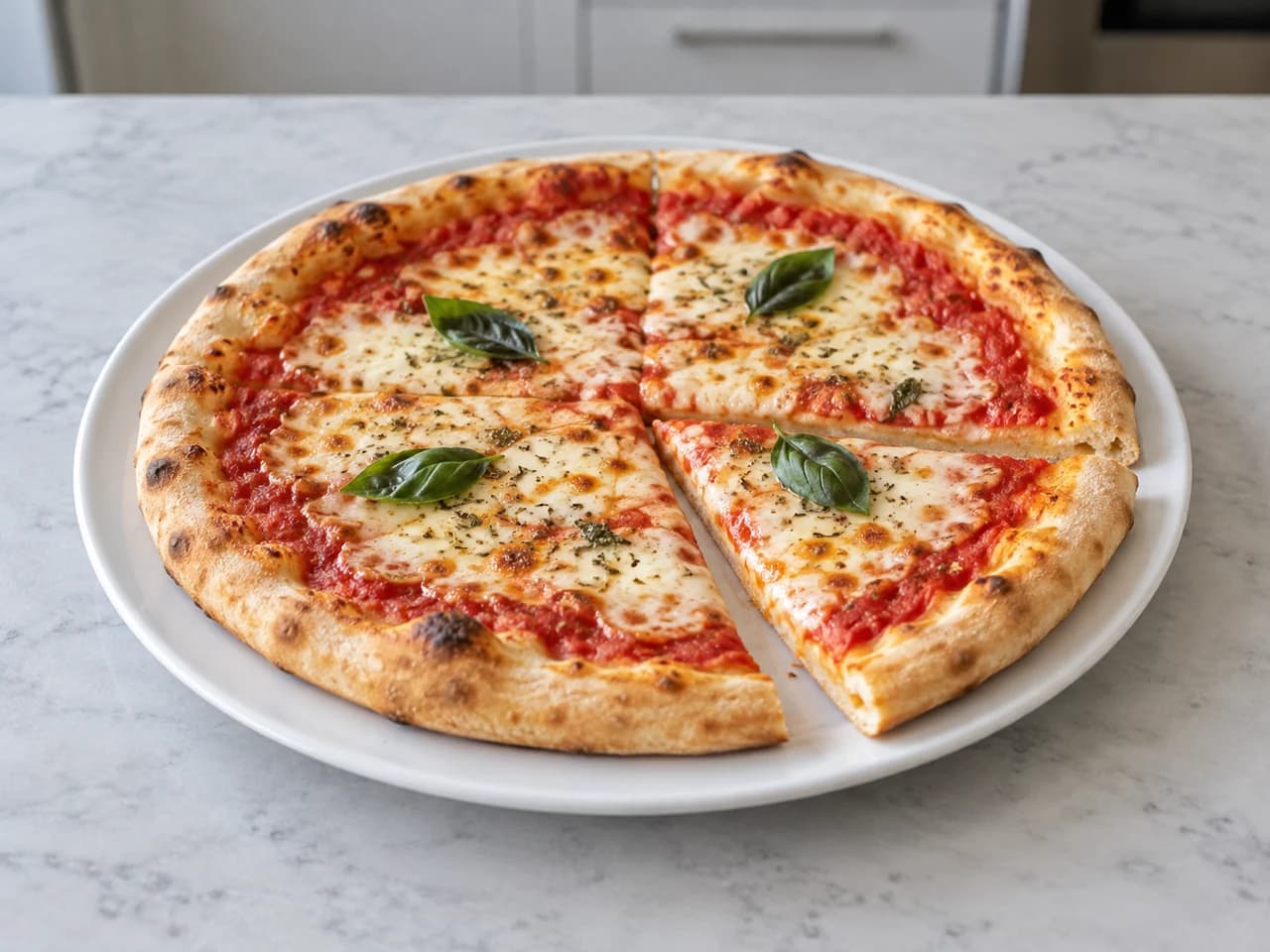 Pizza de tomate e muçarela pronta com manjericão e quatro fatias