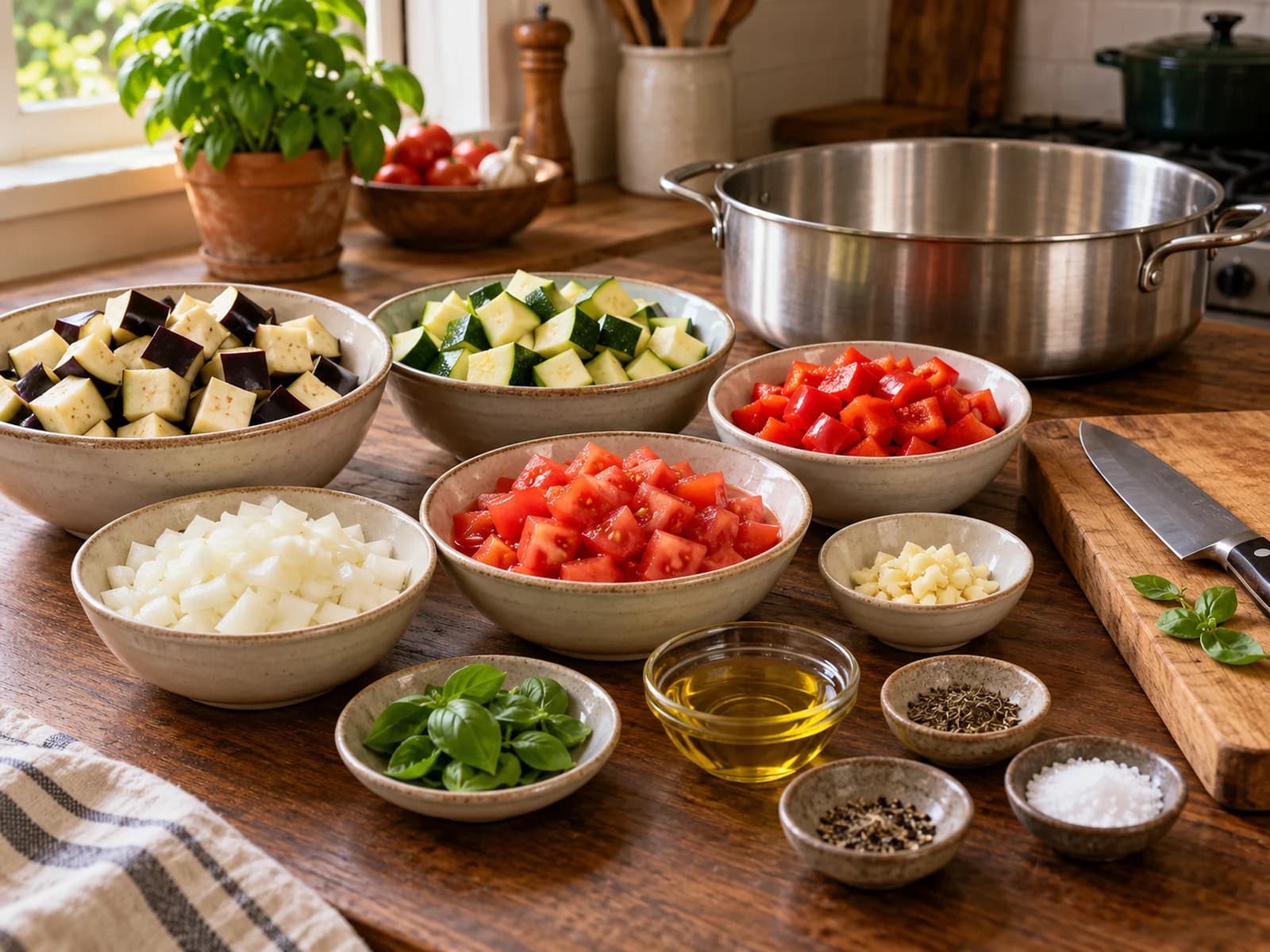 Ratatouille: clean, diced vegetables before cooking
