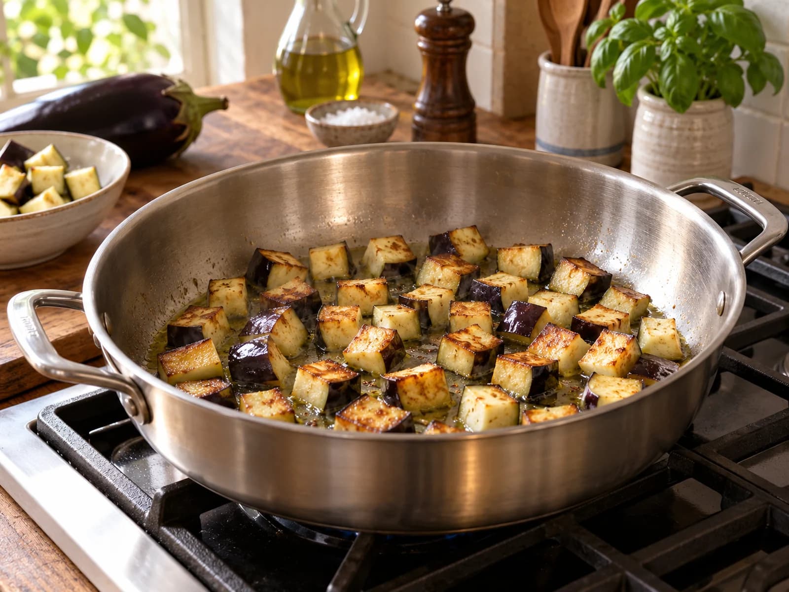 Ratatouille: eggplant cubes browning in a single layer