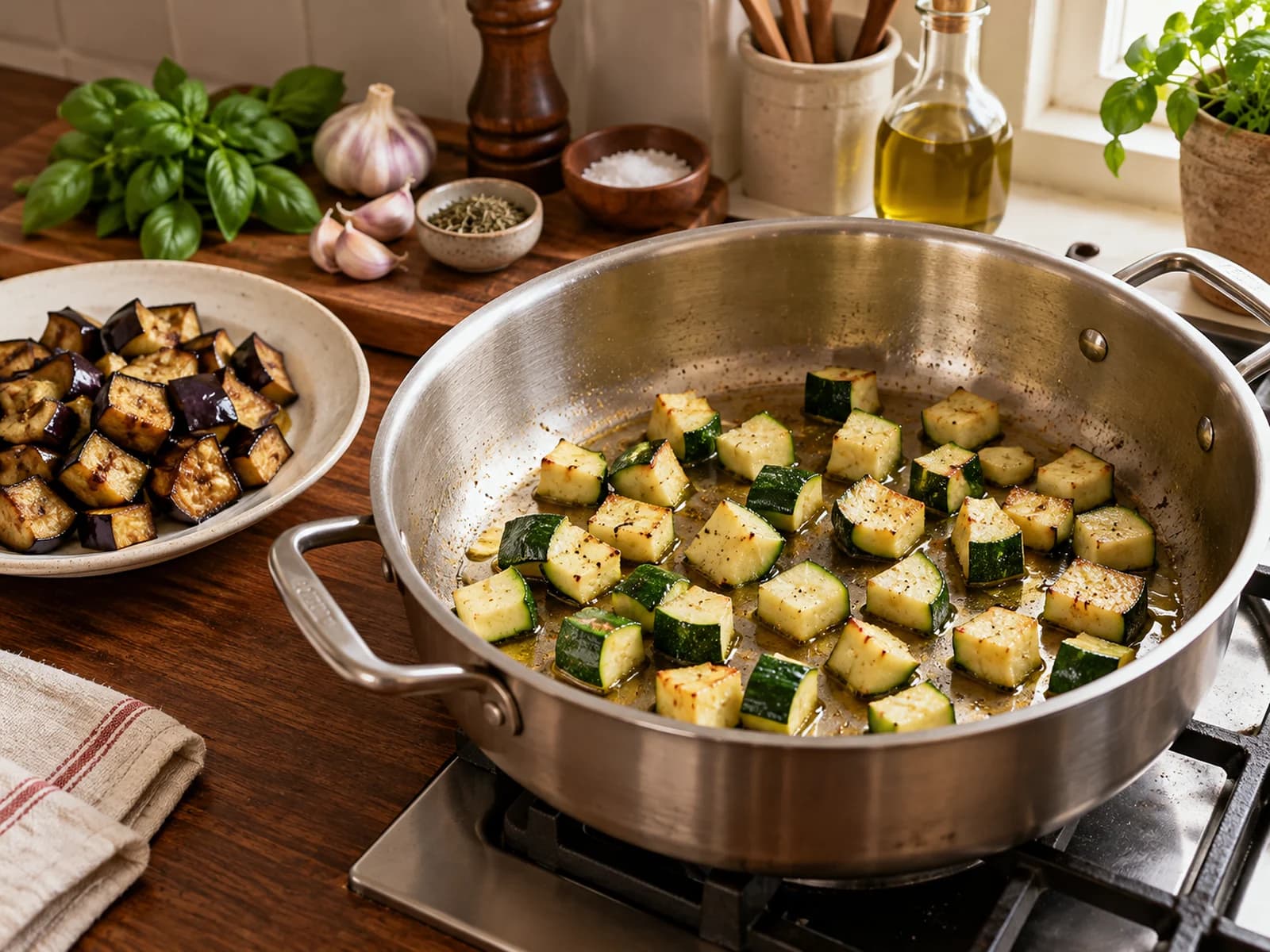 Ratatouille: lightly browned, sautéed zucchini cubes