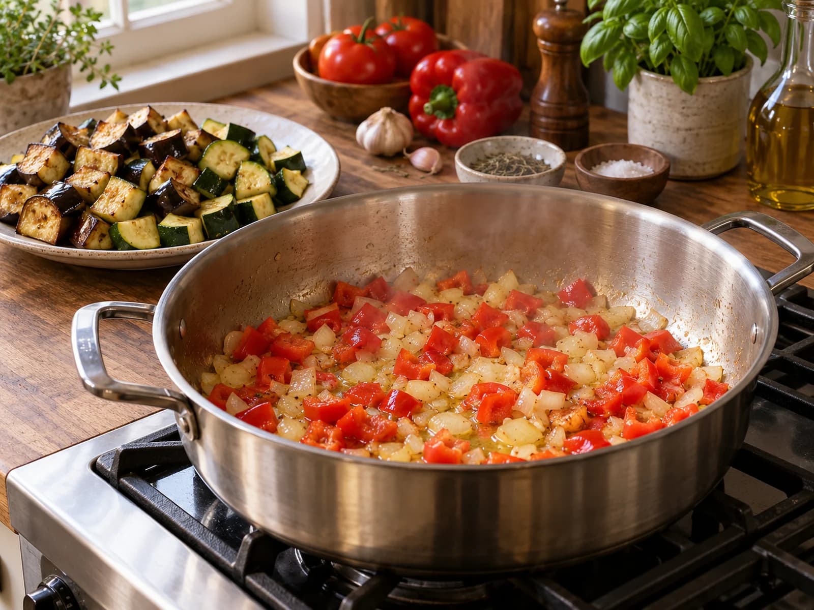 Ratatouille: onion and red pepper softening in the casserole