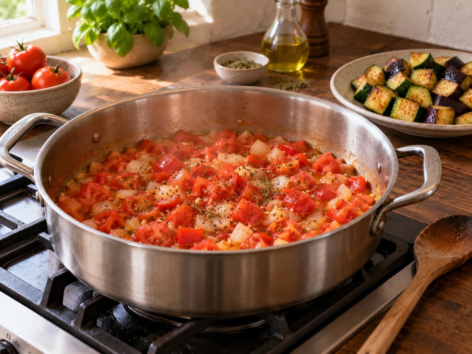 Ratatouille: chopped tomato, garlic and thyme forming the stew base