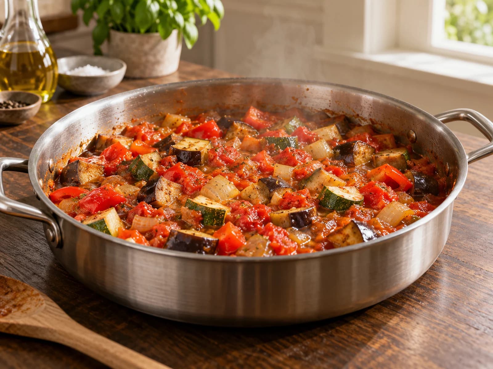 Ratatouille: all diced vegetables stewing together uncovered