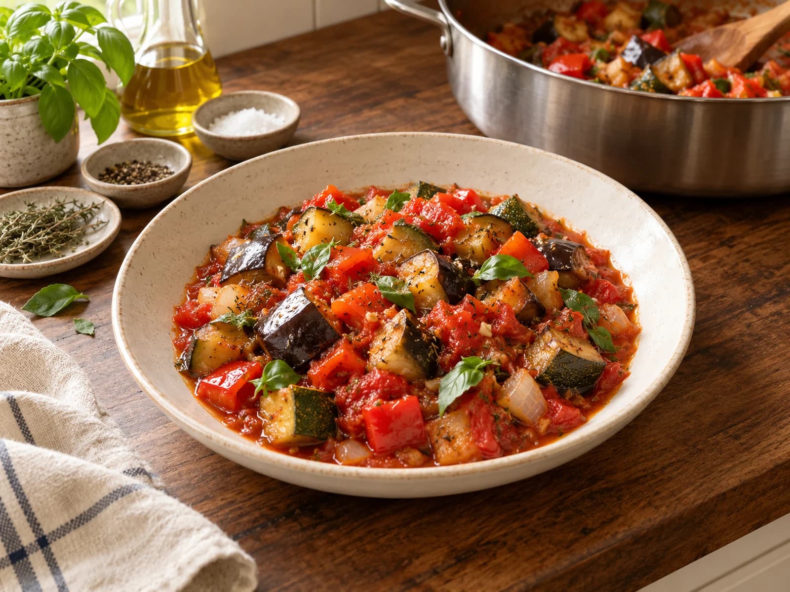 Finished chunky ratatouille with fresh basil, ready to serve