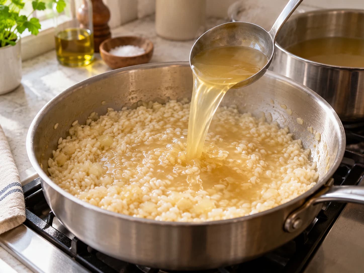 Meeresfrüchterisotto mit Garnelen und Tintenfisch: Brühe nach und nach hinzufügen
