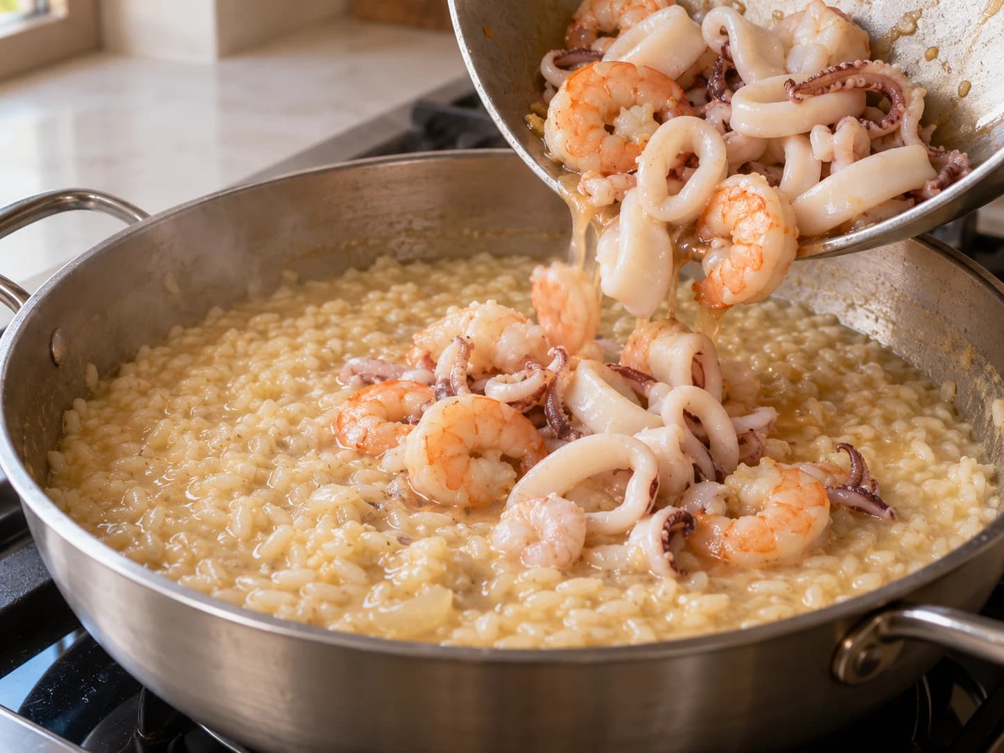 Meeresfrüchterisotto mit Garnelen und Tintenfisch: Meeresfrüchte zurückgeben