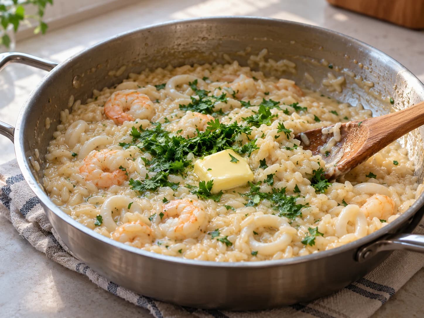 Meeresfrüchterisotto mit Garnelen und Tintenfisch: Butter abseits der Hitze einrühren