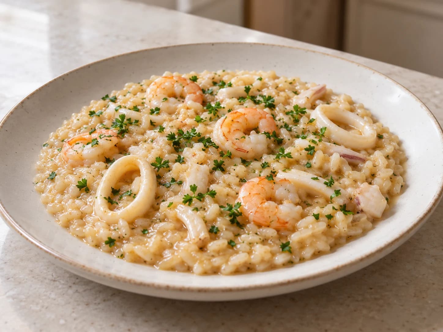 Meeresfrüchterisotto mit Garnelen und Tintenfisch: Sofort servieren