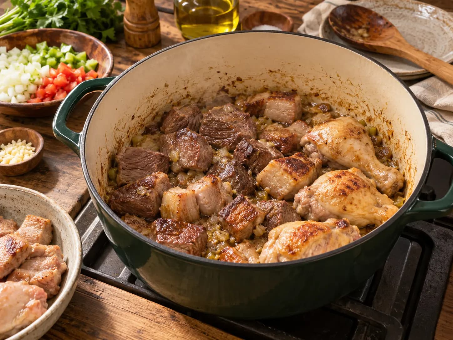 サンコーチョ・トリファシコ：コロンビア風 牛・豚・鶏の煮込みスープ: 肉を焼きつける