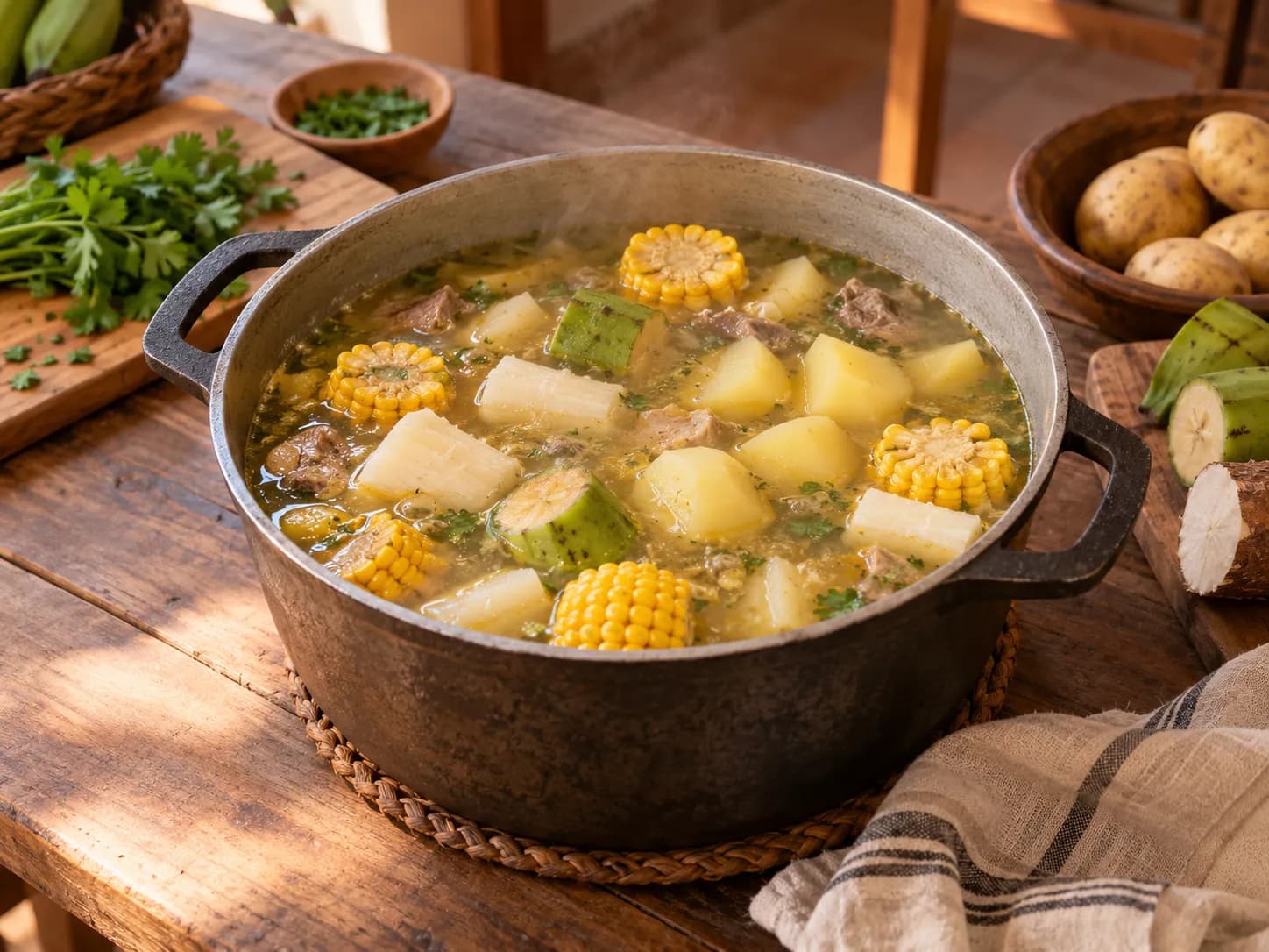 サンコーチョ・トリファシコ：コロンビア風 牛・豚・鶏の煮込みスープ: 野菜を加える