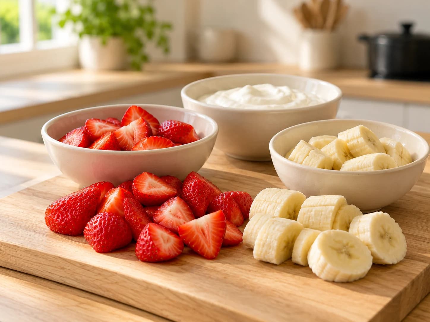 Strawberry banana smoothie with Greek yogurt: Wash and cut the fruit