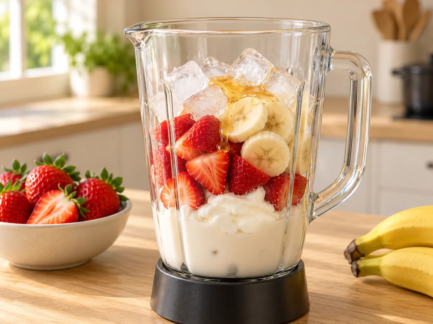 Strawberry banana smoothie with Greek yogurt: Fill the blender