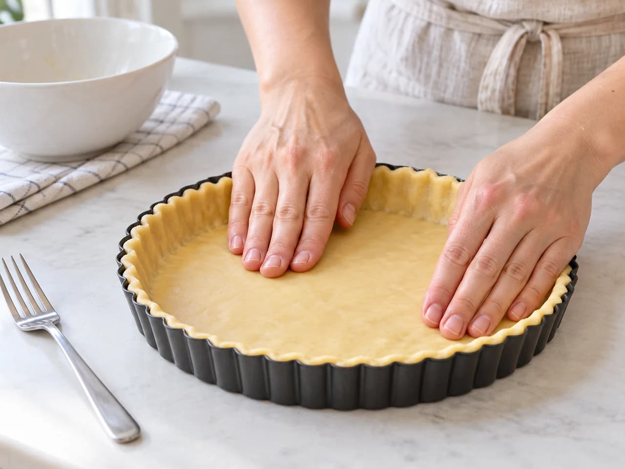 Torta de morango com creme de confeiteiro e base assada: Una e pressione a massa na forma
