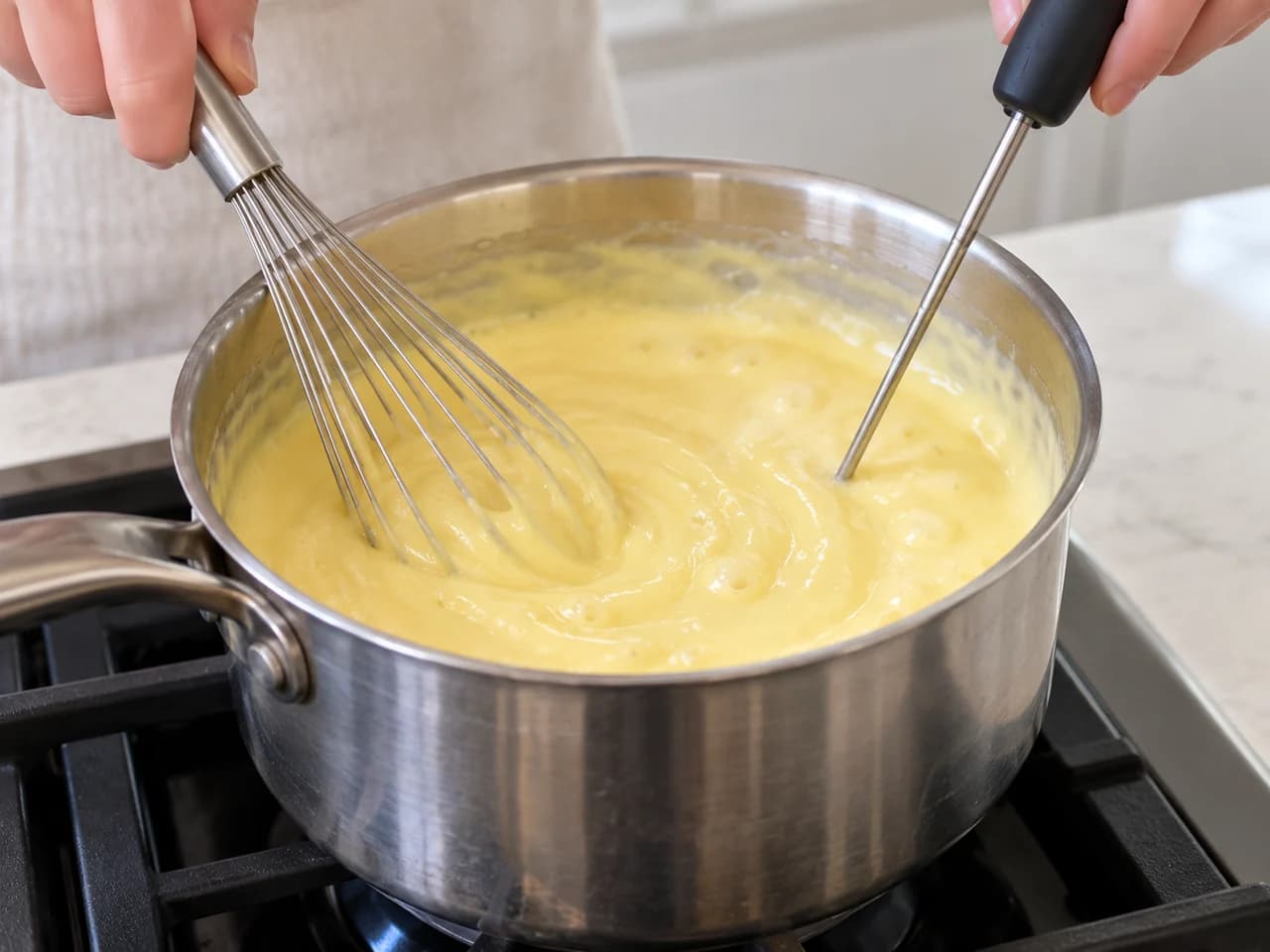 Torta de morango com creme de confeiteiro e base assada: Cozinhe o creme e confira a temperatura