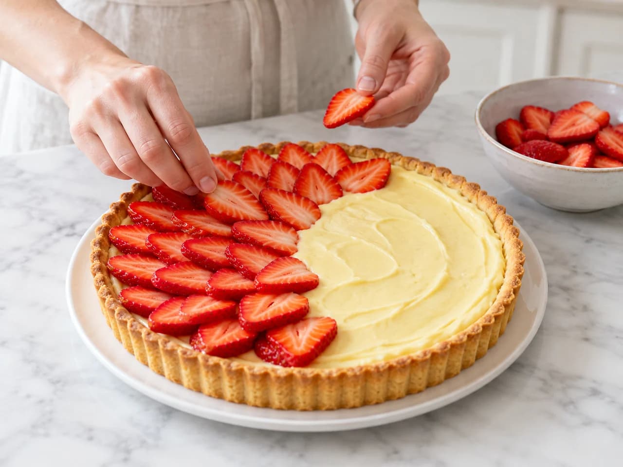 Torta de morango com creme de confeiteiro e base assada: Lave os morangos e monte a frio