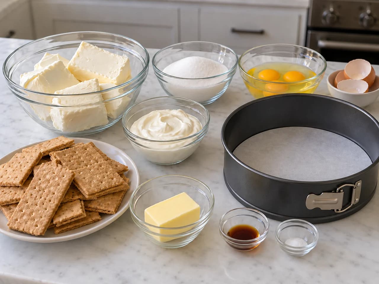Cheesecake clássico assado com base de biscoito: Pese os ingredientes e prepare a forma