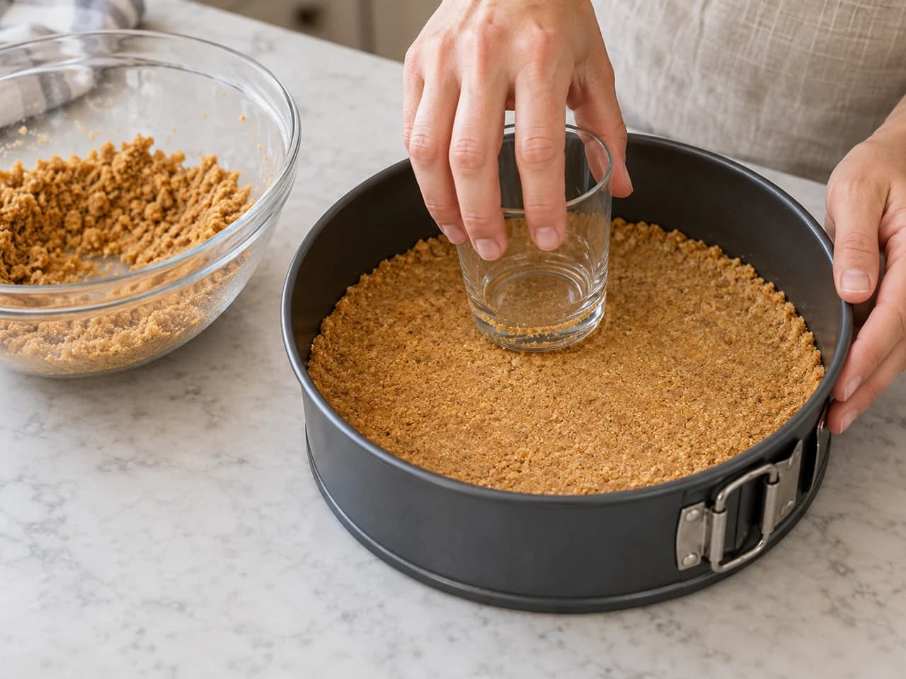 Cheesecake clássico assado com base de biscoito: Triture e compacte a base