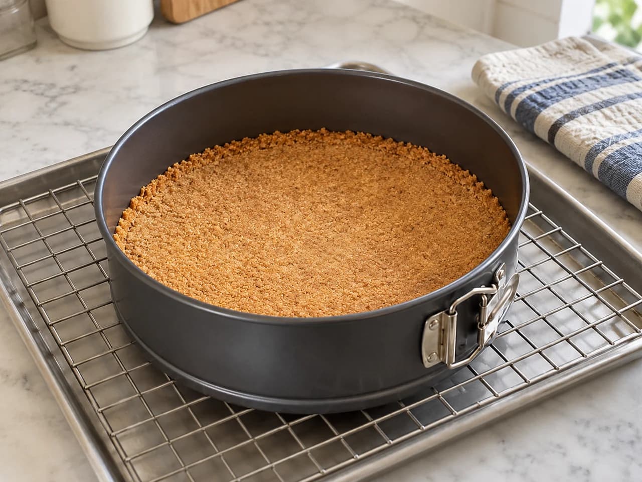 Cheesecake clássico assado com base de biscoito: Asse a base e deixe amornar