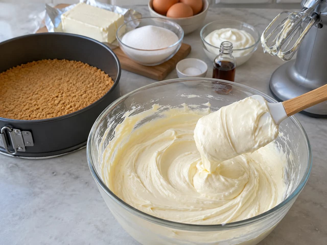 Cheesecake clássico assado com base de biscoito: Misture queijo, açúcar e sal sem aerar