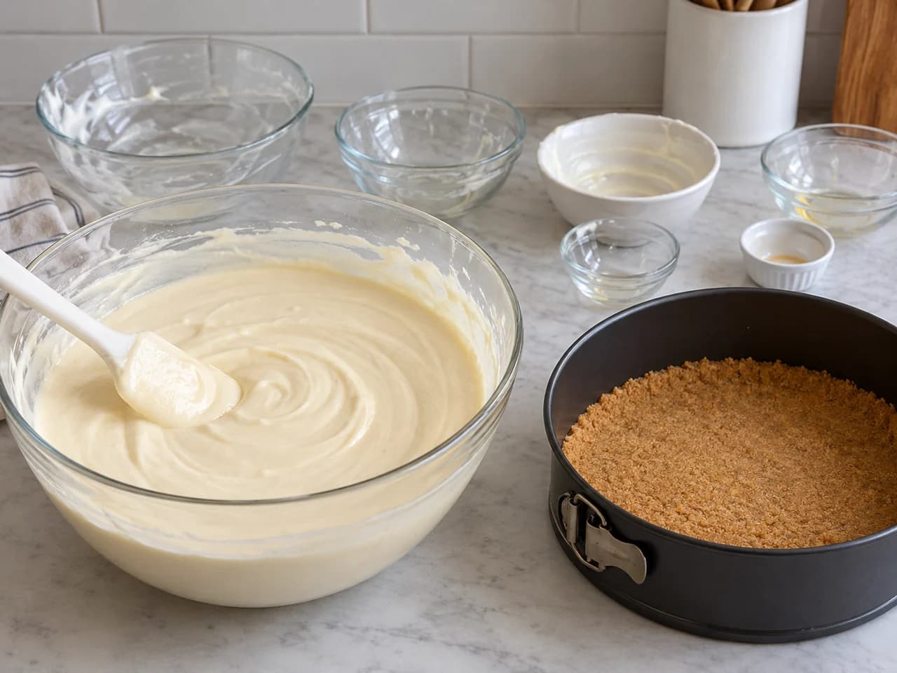 Cheesecake clássico assado com base de biscoito: Incorpore ovo, creme azedo e baunilha