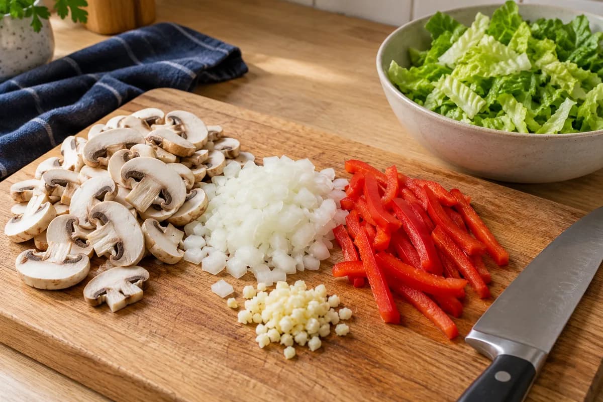Chicken and mushroom wraps with cheese: Clean and cut the vegetables