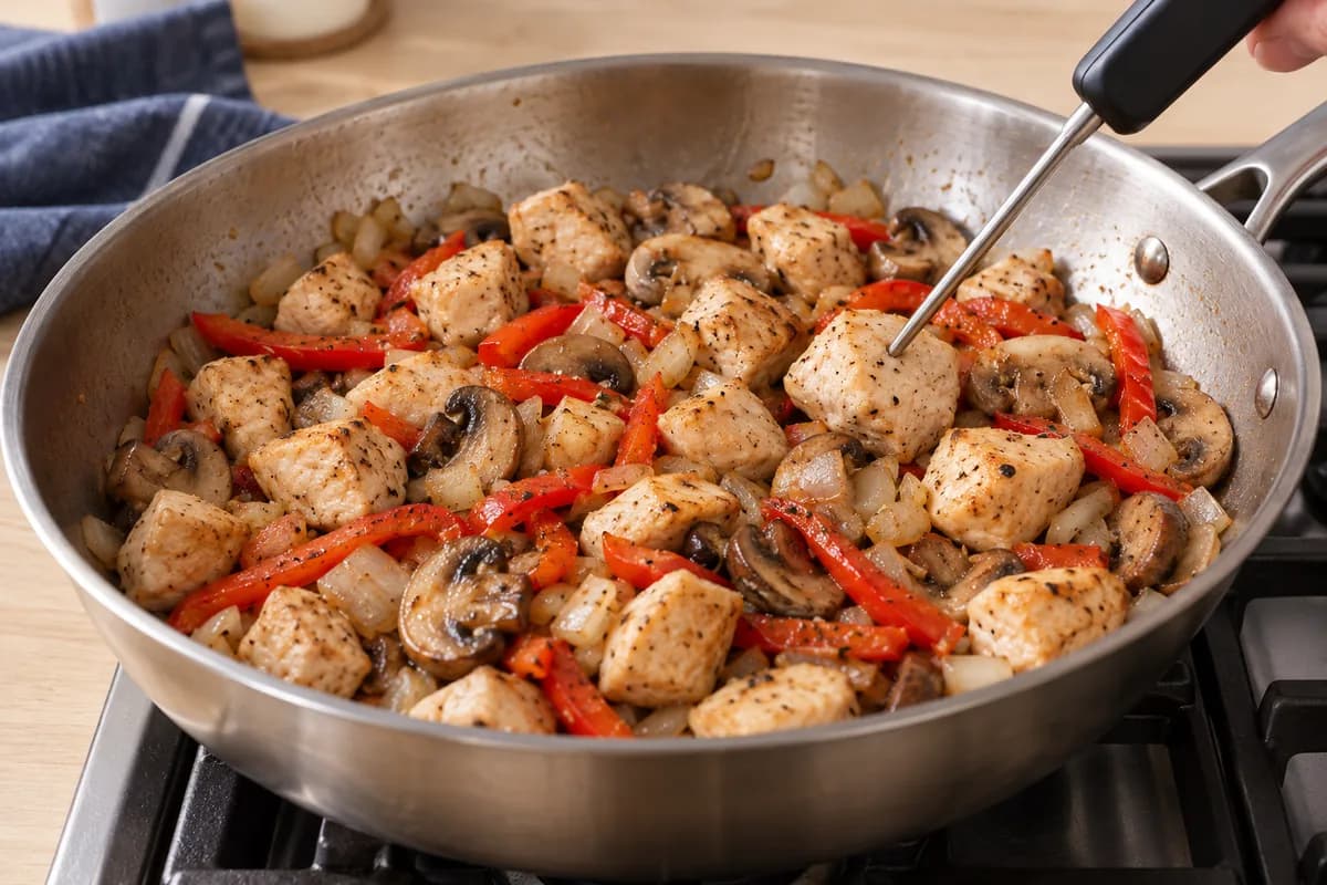 Chicken and mushroom wraps with cheese: Cook the chicken with the vegetables